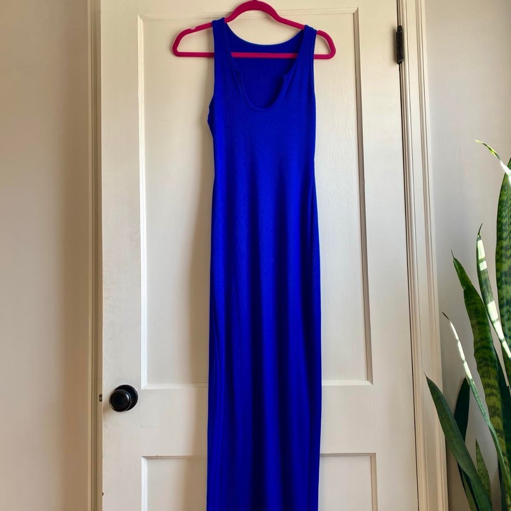 Adogirl Women's Casual Slit Scoop Neck Beach Basic Dress in blue - size small